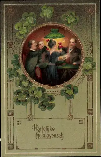 Präge Ak Hartelijke Gelukwensch, Feiernde Menschen, Sekt, Glücksklee