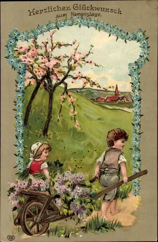 Präge Ak Glückwunsch Namenstag, Kinder, Schubkarre, Vergissmeinnicht, Blühende Bäume