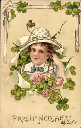 Präge Ak Glückwunsch Neujahr, Kind-Portrait, Glücksklee