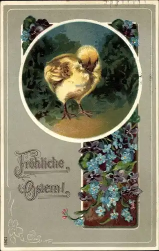 Präge Ak Glückwunsch Ostern, Küken, Vergissmeinnicht, Veilchen