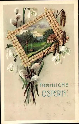 Ak Glückwunsch Ostern, Weidenkätzchen, Schneeglocken
