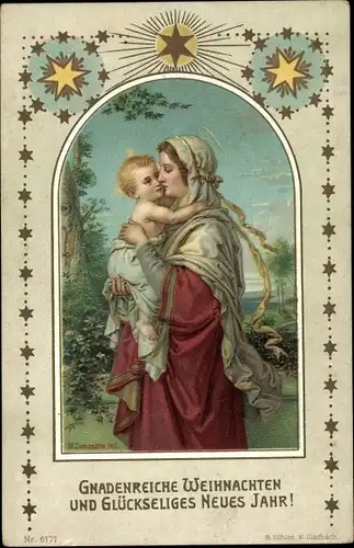 Ak Frohe Weihnachten, Glückwunsch Neujahr, Maria mit Jesuskind, Sterne