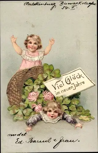 Präge Ak Glückwunsch Neujahr, Kinder, Korb mit Glücksklee