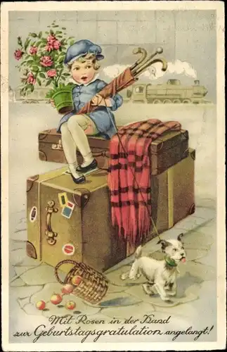 Ak Glückwunsch Geburtstag, Gratulant, Blumen, Gepäck, Früchte, Hund