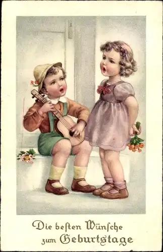 Ak Glückwunsch Geburtstag, Singende Kinder, Blumen, Musikinstrument