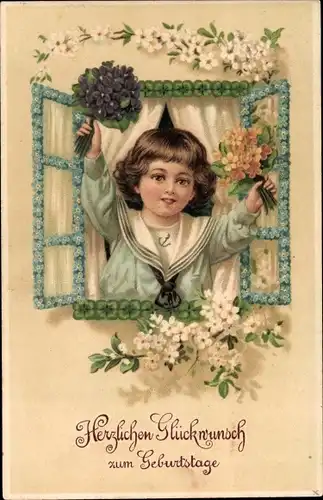 Ak Glückwunsch Geburtstag, Kind am Fenster, Blumen