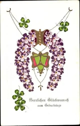 Präge Ak Glückwunsch Geburtstag, Veilchen, Glücksklee