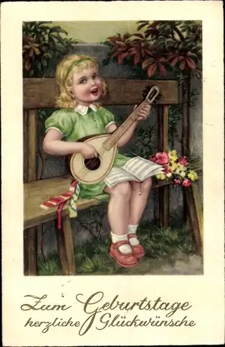 Ak Glückwunsch Geburtstag, Mädchen spielt Mandoline, Blumen