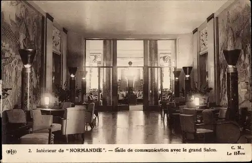 Ak Paquebot Normandie, CGT, Salle de communication avec le grand Salon