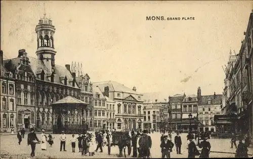 Ak Mons Wallonien Hennegau Belgien, Grand' Place, Rathaus, Passanten, Häuser