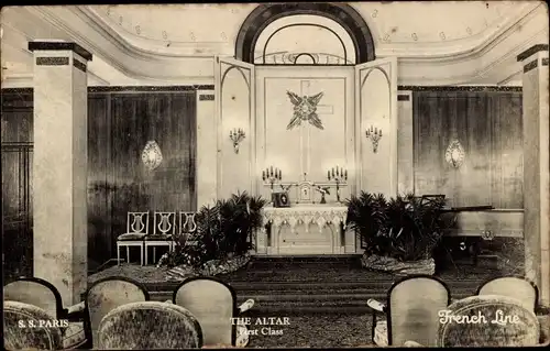 Ak Salondampfer Paris, Altar, 1 Klasse, Innenansicht, CGT, French Line
