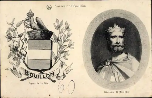 Ak Bouillon Wallonien Luxemburg, Armes de la Villes, Godefroid de Bouillon, Wappen, Portrait