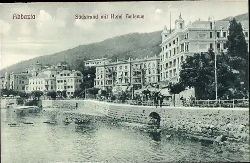 Ak Opatija Abbazia Kroatien, Südstrand mit Hotel Bellevue