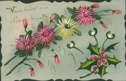 Zelluloid Ak Blumen, Stechpalme, Mistelzweige