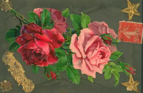 Zelluloid Ak Zwei Rosen, Blüten