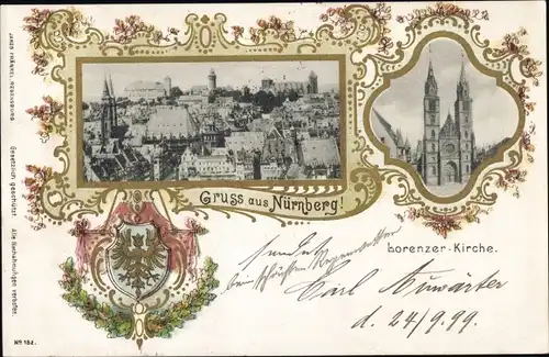 Passepartout Ak Nürnberg in Mittelfranken, Panorama, Lorenzer Kirche, Wappen