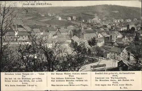 Ak Zweifall Stolberg im Rheinland, Blick über die Dächer des Ortes, Gedicht, Straßenbahn