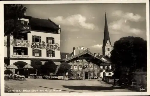 Ak Garmisch Partenkirchen in Oberbayern, Bräustüberl mit Hotel Husar