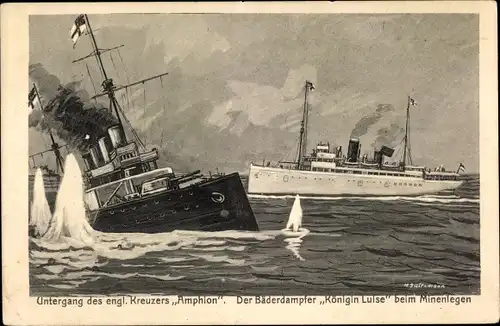 Ak Bäderdampfer Königin Luise beim Minenlegen, HAPAG, engl. Kreuzer Amphion