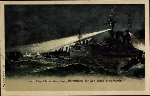 Litho Deutsche Kriegsschiffe, Ableuchten der See durch Scheinwerfer