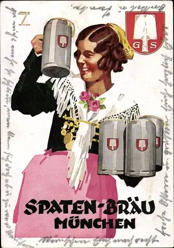 Künstler Ak Hohlwein, Ludwig, Spatenbräu München, Frau mit Bierkrügen