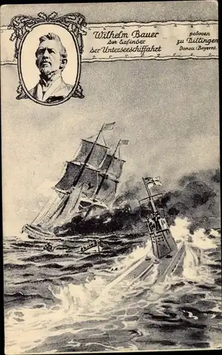 Litho Deutsches U Boot torpediert engl. Handelsdampfer, Wilhelm Bauer, Erfinder