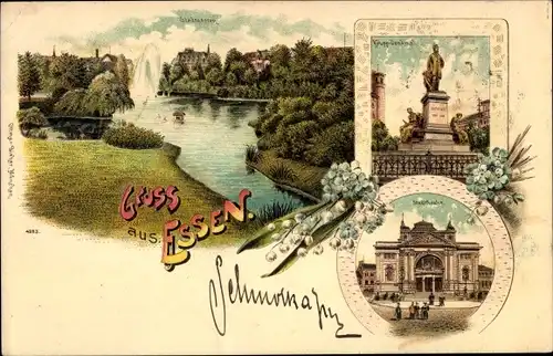 Litho Essen im Ruhrgebiet, Krupp Denkmal, Stadtgarten, Theater