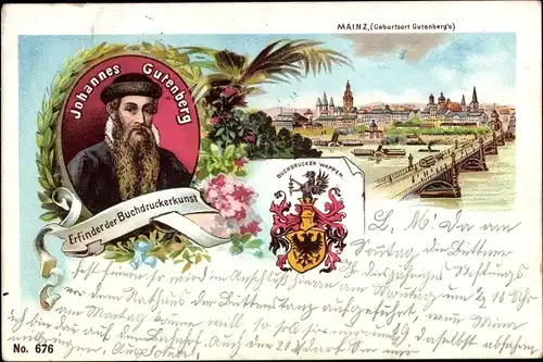 Litho Mainz am Rhein, Teilansicht, Johannes Gutenberg, Wappen