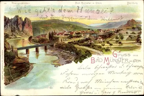 Litho Bad Münster am Stein Ebernburg, Blick auf den Ort, Rheingrafenstein