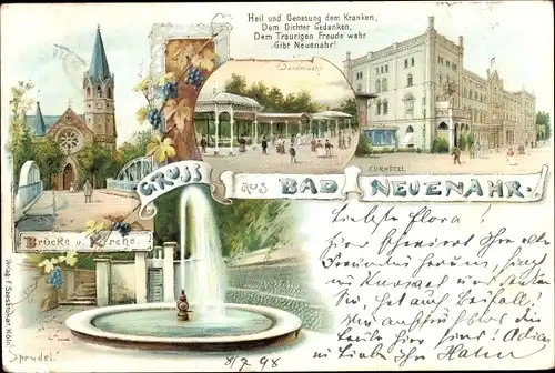 Litho Bad Neuenahr Ahrweiler, Brücke und Kirche, Sprudel, Wandelbahn, Kurhotel