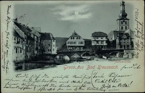 Mondschein Ak Bad Kreuznach in Rheinland Pfalz, Nahebrücke