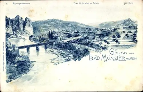 Litho Bad Münster am Stein Ebernburg, Teilansicht, Rheingrafenstein, Ebernburg