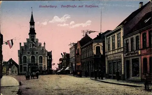 Ak Sønderborg Sonderburg Dänemark, Perlstraße mit Rathaus