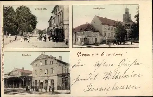 Ak Strausberg in der Mark, Große Straße, Marktplatz, Bahnhof Gleisseite