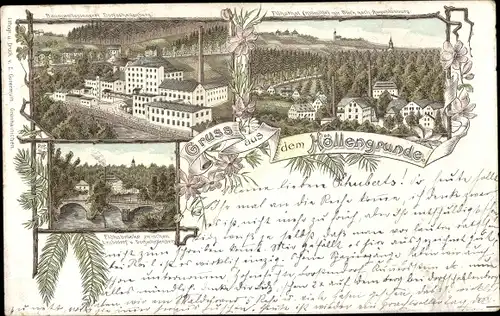 Litho Dorfschellenberg Leubsdorf in Sachsen, Höllengrund, Baumwollspinnerei, Flöhatal, Brücke