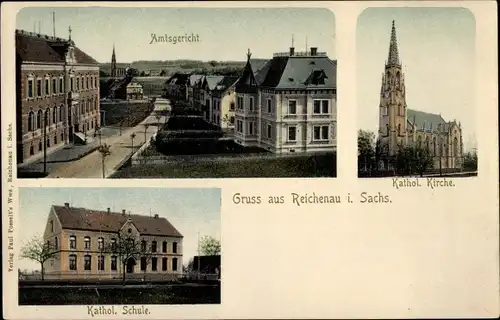 Ak Bogatynia Reichenau in Sachsen Schlesien, Amtsgericht, Katholische Kirche, Katholische Schule