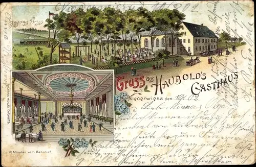 Litho Niederwiesa Sachsen, Haubold's Gasthaus, Saal, Garten