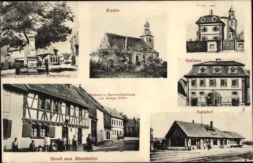 Ak Abenheim Worms, Kirche, Pfarrhaus, Rathaus, Bäckerei u. Handlung, Bahnhof, Kriegerdenkmal