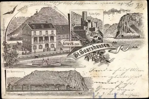 Litho St. Goarshausen am Rhein, Gasthof zum Heimat mit Hospiz, Ruine Katz, Loreley