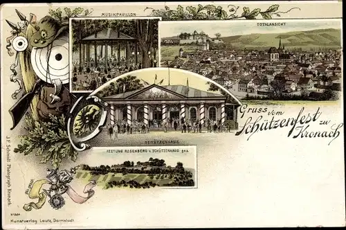 Litho Kronach in Oberfranken, Schützenfest, Schützenhaus, Musikpavillon, Festung Rosenberg