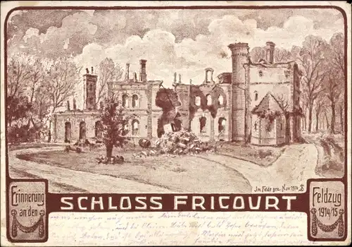 Künstler Ak Fricourt Somme, Schloss, Feldzug 1914 1915, Kriegszerstörungen