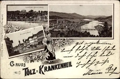 Litho Krankenheil Bad Tölz im Isartal Oberbayern, Isarbrücke, Kalvarienberg, Oberer Markt, Panorama