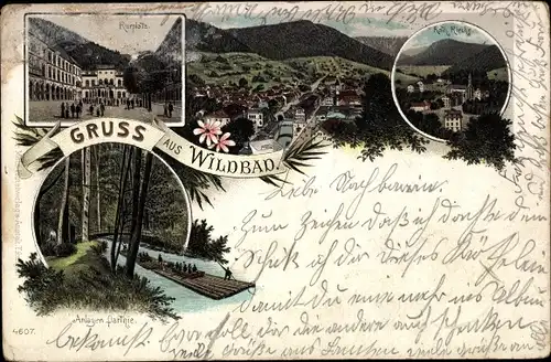 Litho Bad Wildbad im Schwarzwald, Kurplatz, Floß, Blick auf den Ort