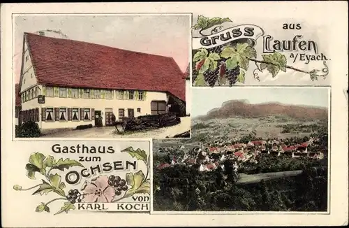 Ak Laufen an der Eyach Albstadt im Zollernalbkreis, Gasthaus zum Ochsen, Blick auf den Ort