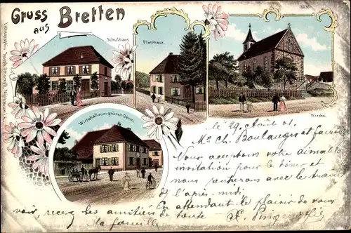 Litho Bretten in Baden, Pfarrhaus, Wirtschaft zum grünen Baum, Schulhaus, Kirche