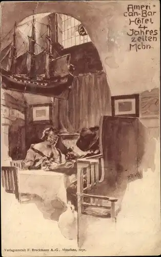 Künstler Ak Rieth, P., München Bayern, American Bar Hotel 4 Jahreszeiten, Innenansicht