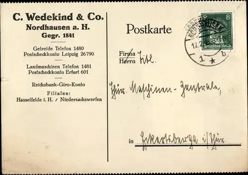 Ak Nordhausen am Harz, Firma C. Wedekind & Co.