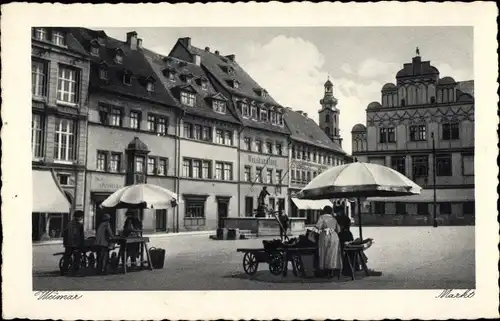 Ak Weimar in Thüringen, Markt, Weinhandlung, Schirme, Stände