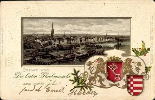 Präge Wappen Passepartout Ak Bremerhaven, Hafen und Stadt, Neujahr