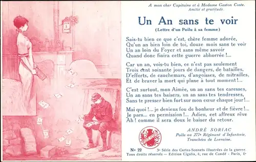 Gedicht Künstler Ak Un An sans te voir, Lettre d'un Poilu a sa femme, Andre Soriac